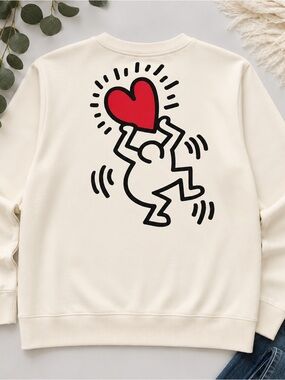 Keith Haring LOVE Heart Graphic Sweatshirt Cream XL Pop Art